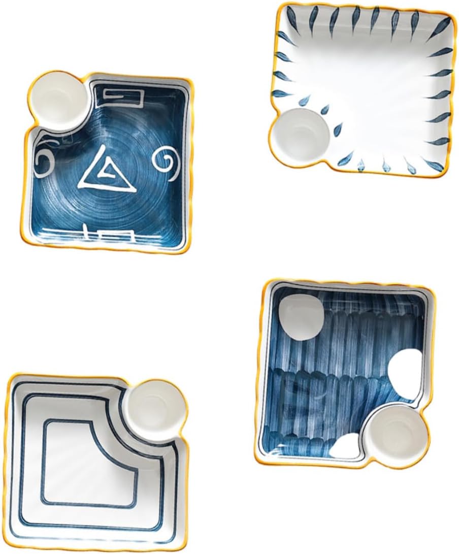TOYANDONA 4pcs Ceramic Sushi Plates and Dumpling Tray Set, Multi-compartment Japanese Style Serving Dish for Home Dining and Appetizers Random Color