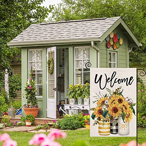 Summer Welcome Garden Flags 12X18 Inch Double Sided,Sunflowers In Mason Jar Small Yard Flags For Outdoor,Seasonal Decoration For Spring Farmhouse Holiday Outside #TOP1