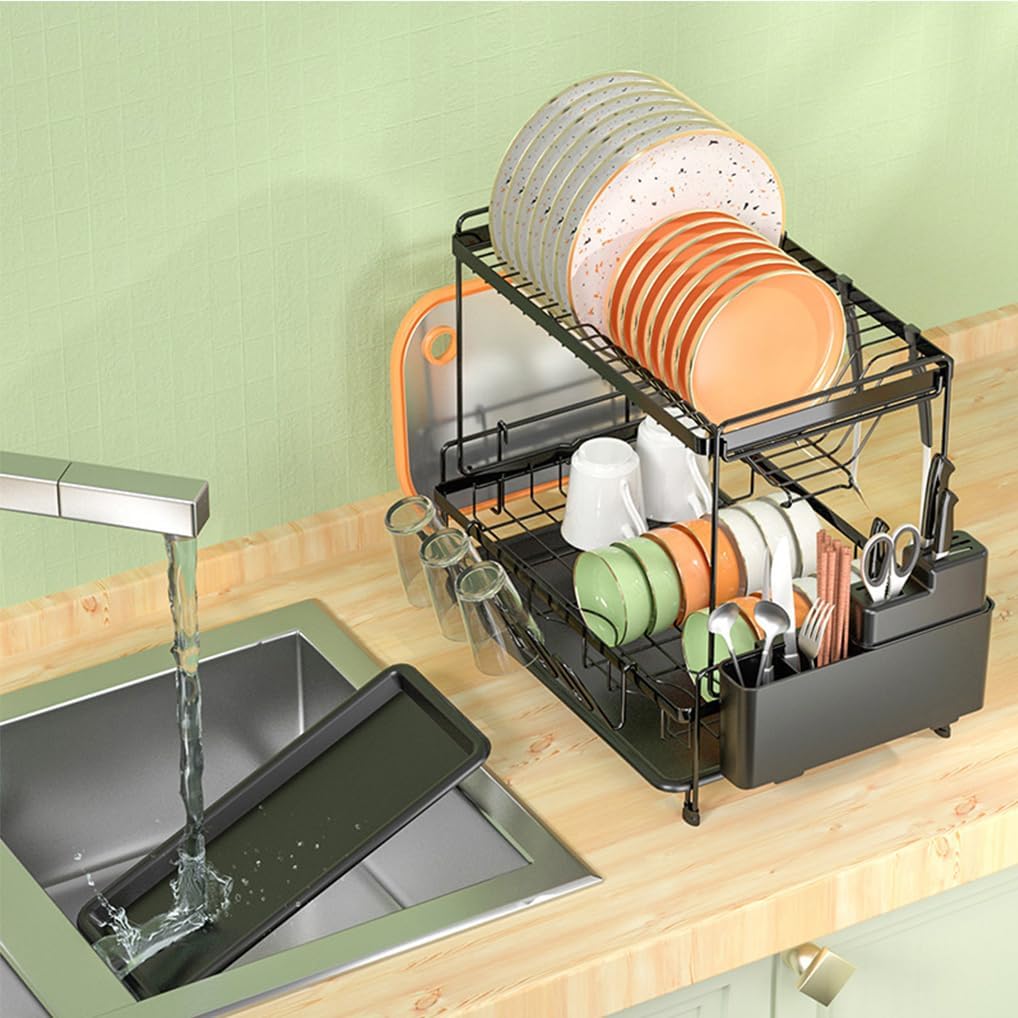 2 Tier Dish Drying Rack with Drainboard Set, Metal Dish Drainer Kitchen Organizer Space Saving Storage Rack with Drip Tray, Utensil Caddy & Cutting Board Holder - Black