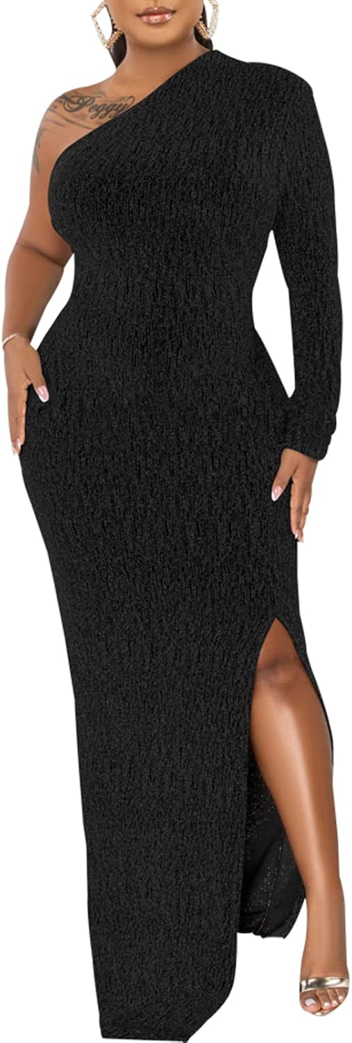 Women's Formal Evening Gowns Elegant Sparkly One Shoulder Maxi Dresses Sexy Long Sleeve High Split Party Long Dress