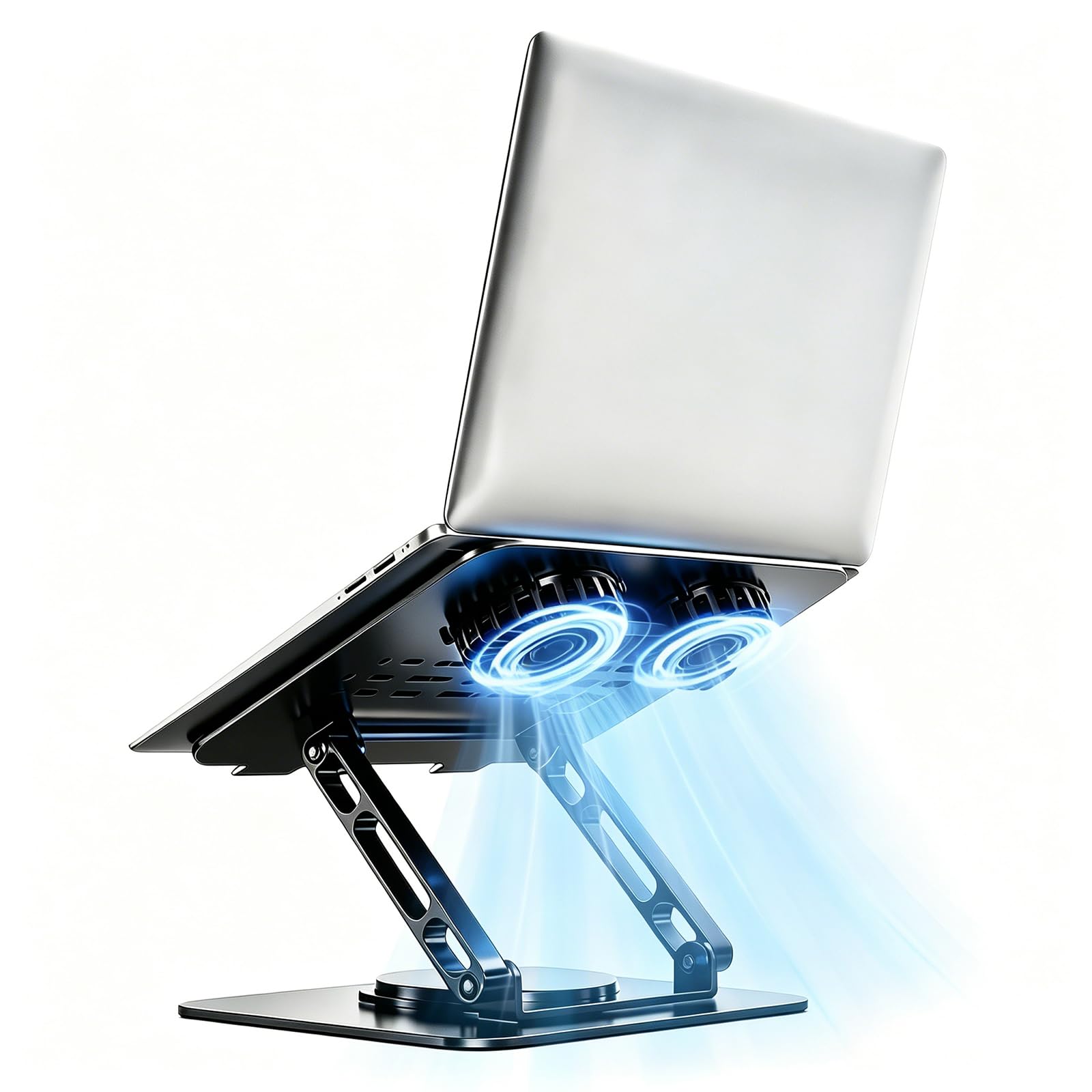 Supporto per computer portatile con doppia ventola di raffreddamento silenziosa, base girevole a 360°, supporto ergonomico per computer portatile, in acciaio al carbonio resistente, pieghevole