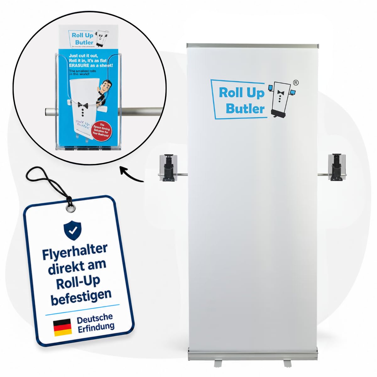 Flyerhalter mit 2 DIN-lang Akrylboxen für Roll-Up – Prospekthalter für Flyer, Broschüren & Tablets – für Messe, POS & Verkauf (Breiter Flyerhalter für Roll-Ups)