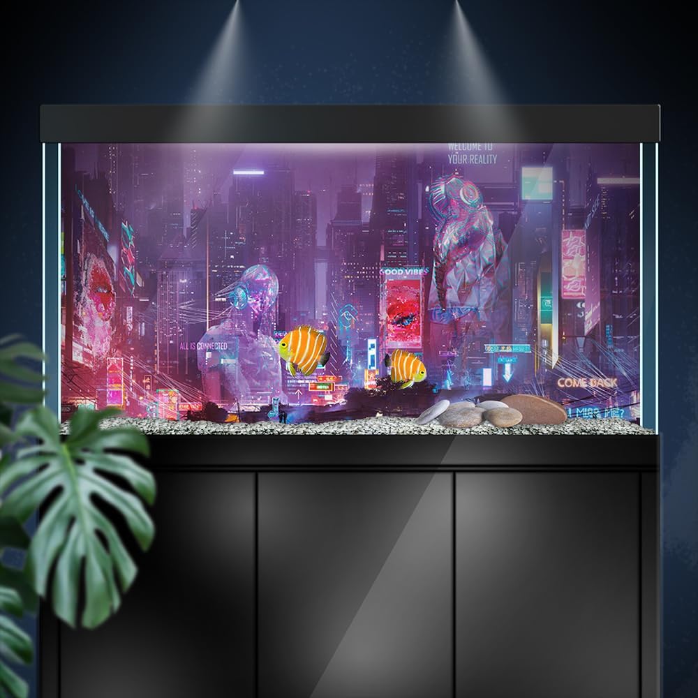 Aquarium Background Stickers - City Neon Sign - Fish Tank Reptile Terrarium Decor Poster (90 x 60 cm / (35.4 x 23.6 inches))