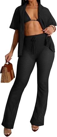 Womens 2 Pieces Crochet Hollow Cover Up Set Button Up Top Drawstring Wide Leg Pants