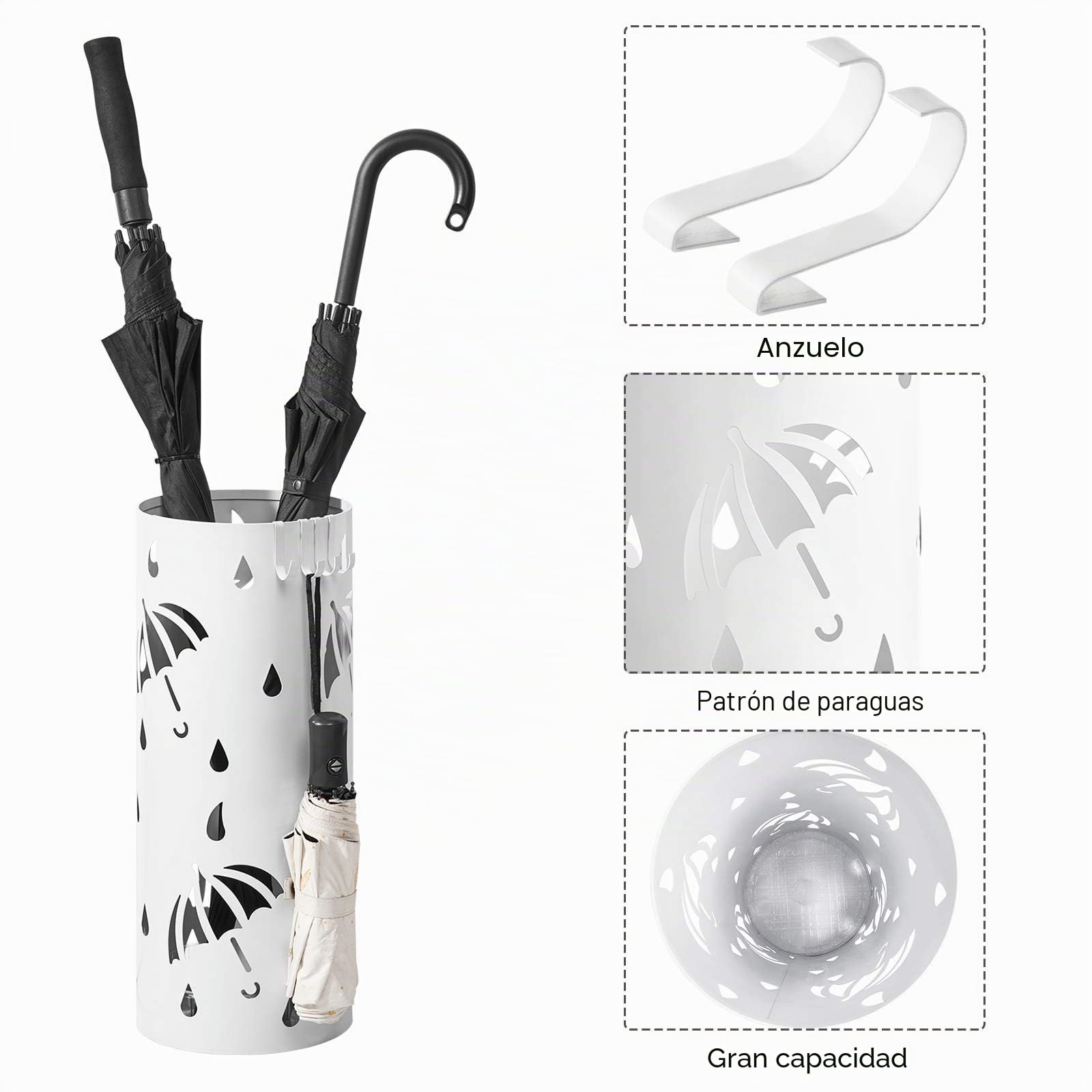 WOLTU Paragüero de Diseño Redondo Soporte Paraguas con Ganchos y Plato de Plastico, Bandeja Recogegotas 20x 49 cm Blanco SST01ws