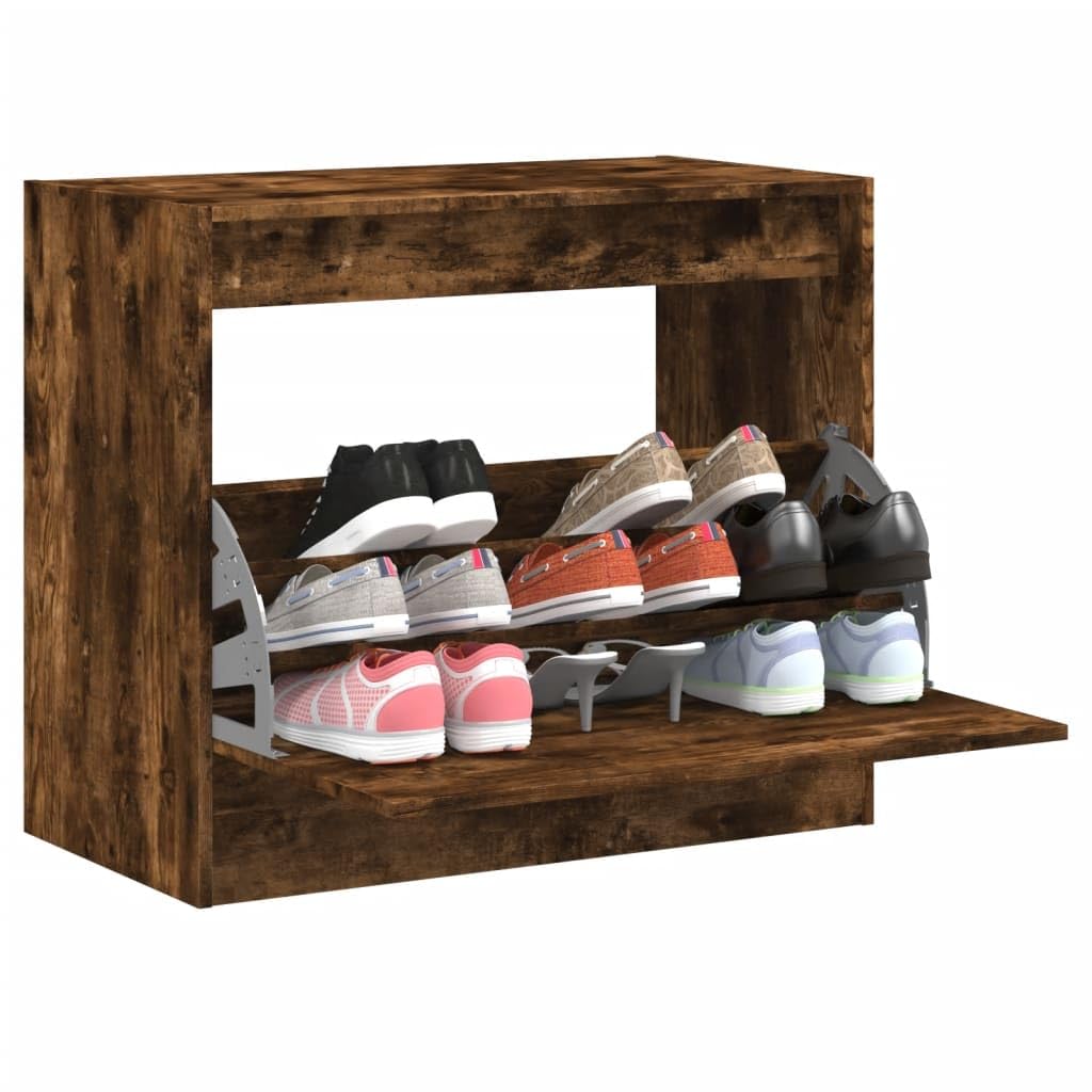 Szafka na buty, dąb wędzony, materiał drewnopochodny, 80 x 42 x 69 cm, kompaktowa, z klapką i 3 półkami, do korytarza, korytarza, sypialni, organizer zamknięta półka na buty