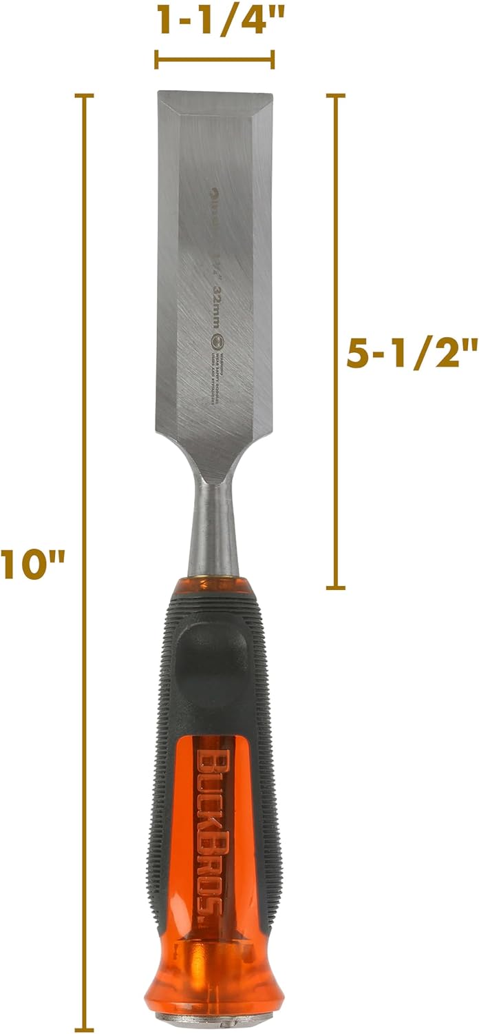 Buck Bros. 74817 1-1/4 Inch Wood Chisel, Full Tang Wood Carving Tools, Woodworking Tools for Carpentry, Trim Work, and DIY Projects, Hardened Steel Blade, Beveled Edge, Durable Non-Slip Handle