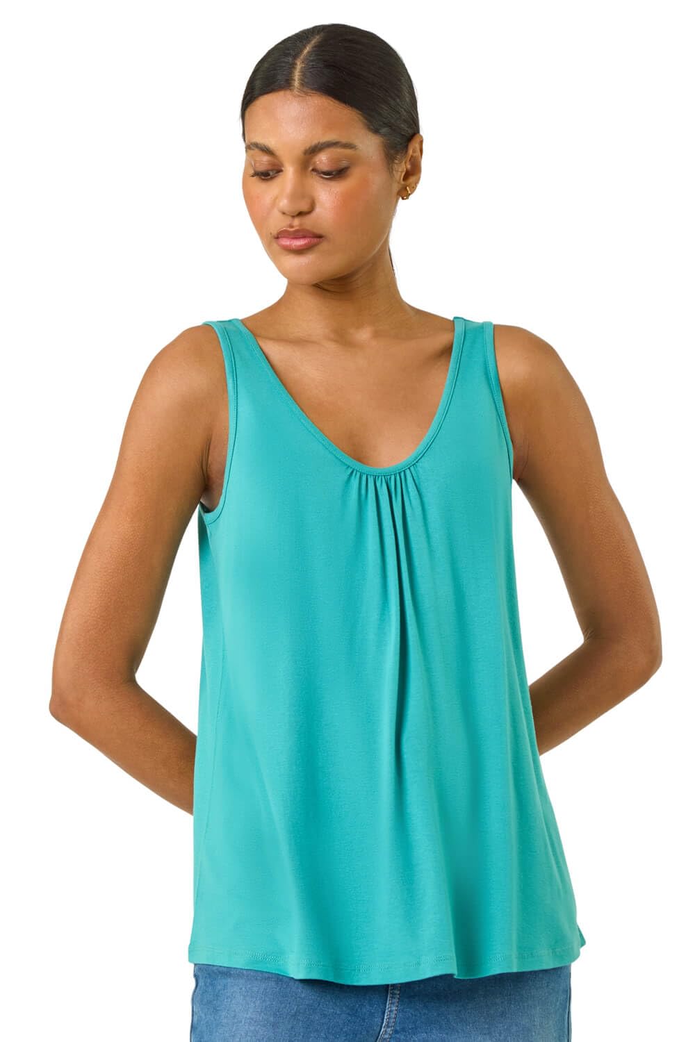 Roman Women's Teal Plain V-Neck Stretch Jersey Vest Top Size 12