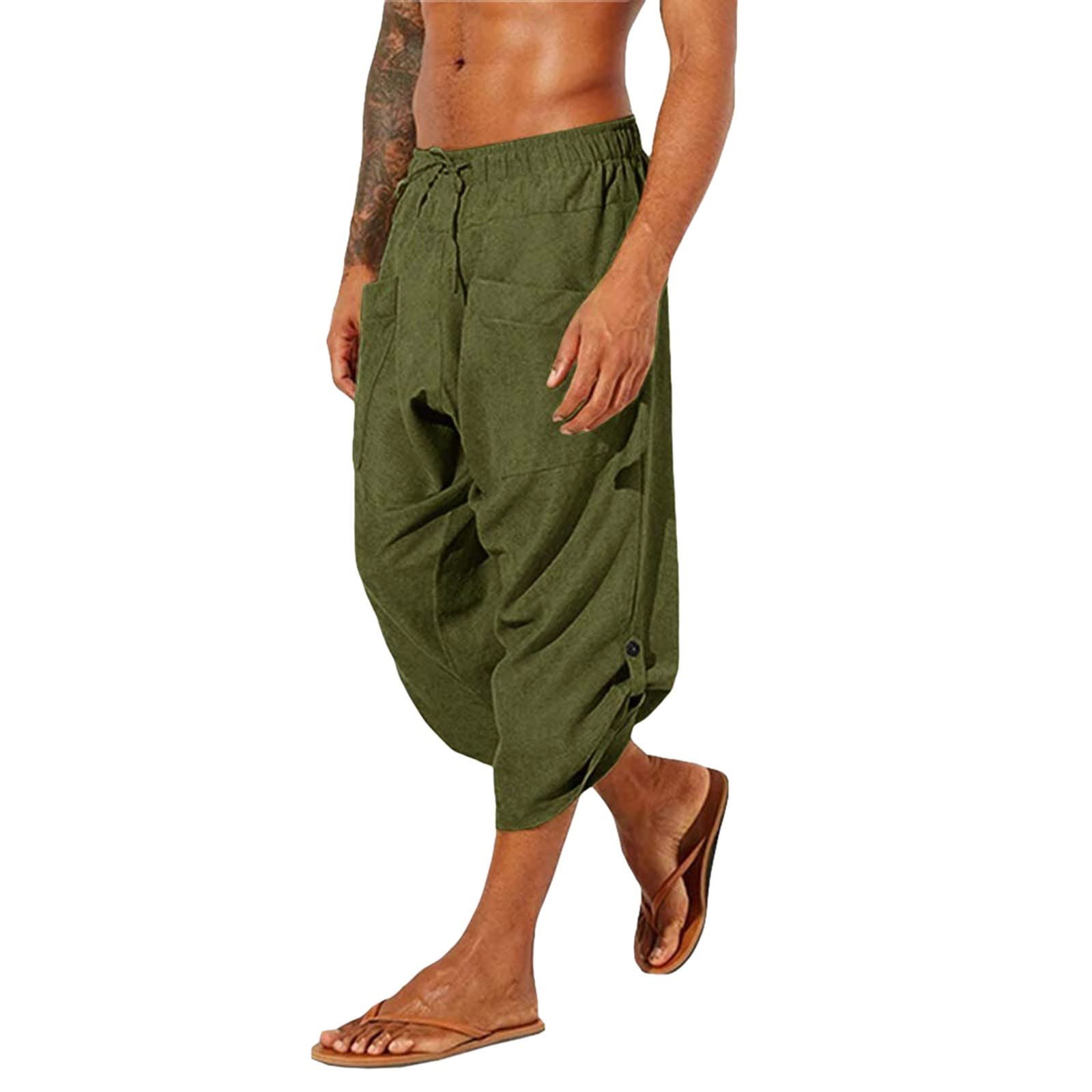 Beokeuioe Pantaloni Estivi Da Uomo, 3/4, In Lino, Con Lacci Stile Vichingo Pirata Medievale Da Spiaggia B Verde Xl 116461957