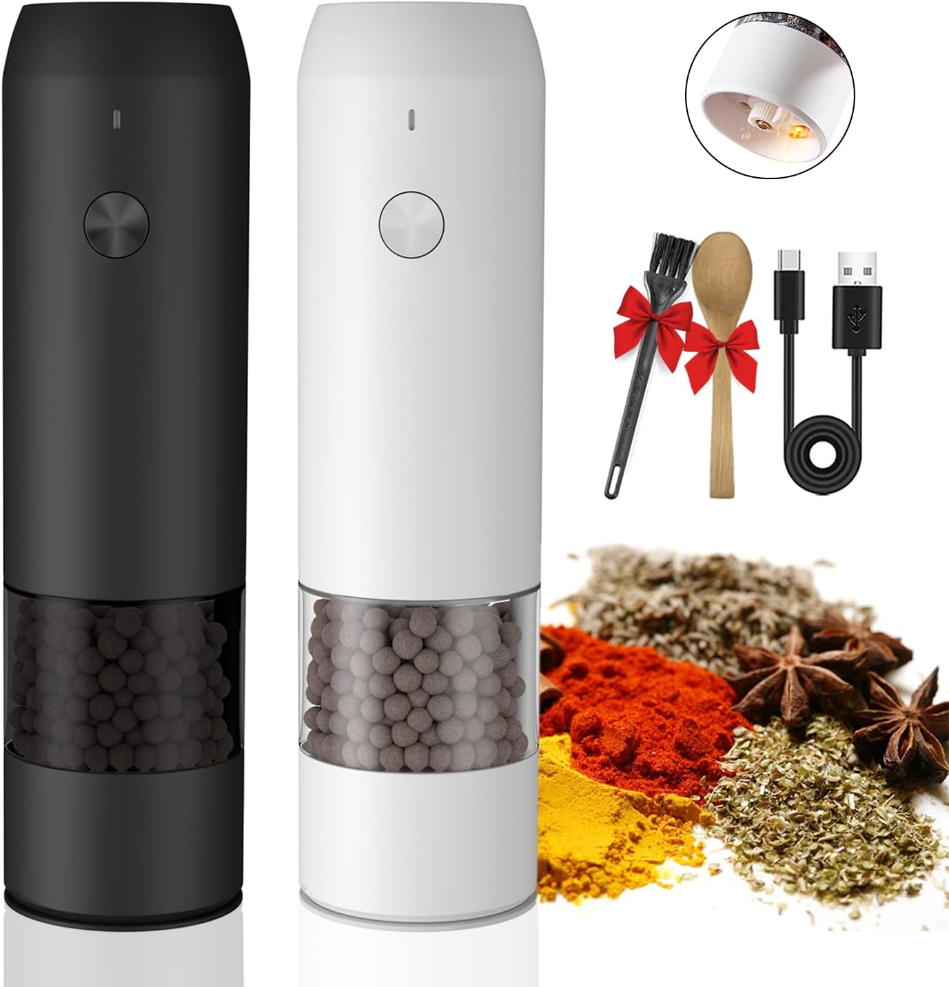 Electric Salt and Pepper Grinder Set of 2 - Pepper Grinder and Salt Grinder USB Rechargable - One Handed Operation - Adjustable Coarseness Spice Grinder (Multi-2)