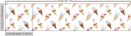 Miniatura 3 de Ambesonne - Tela de helado por The Yard, deliciosos alimentos fríos de verano en conos estilo Kawaii patrón ilustrado, tela decorativa para