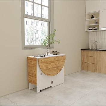 Ankara Orman Ürünleri Katlanır Açılır Yuvarlak Yemek ve Mutfak Masası ve 4 Tabure Seti, Atlantik Çam - Beyaz, MDF, Türkiye Üretimi