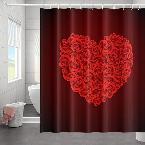 Miniatura 2 de Umpoo Cortina de ducha con ganchos romántica rosa roja diseño floral de corazón de amor para el día de San Valentín estilo festivo baño tela de