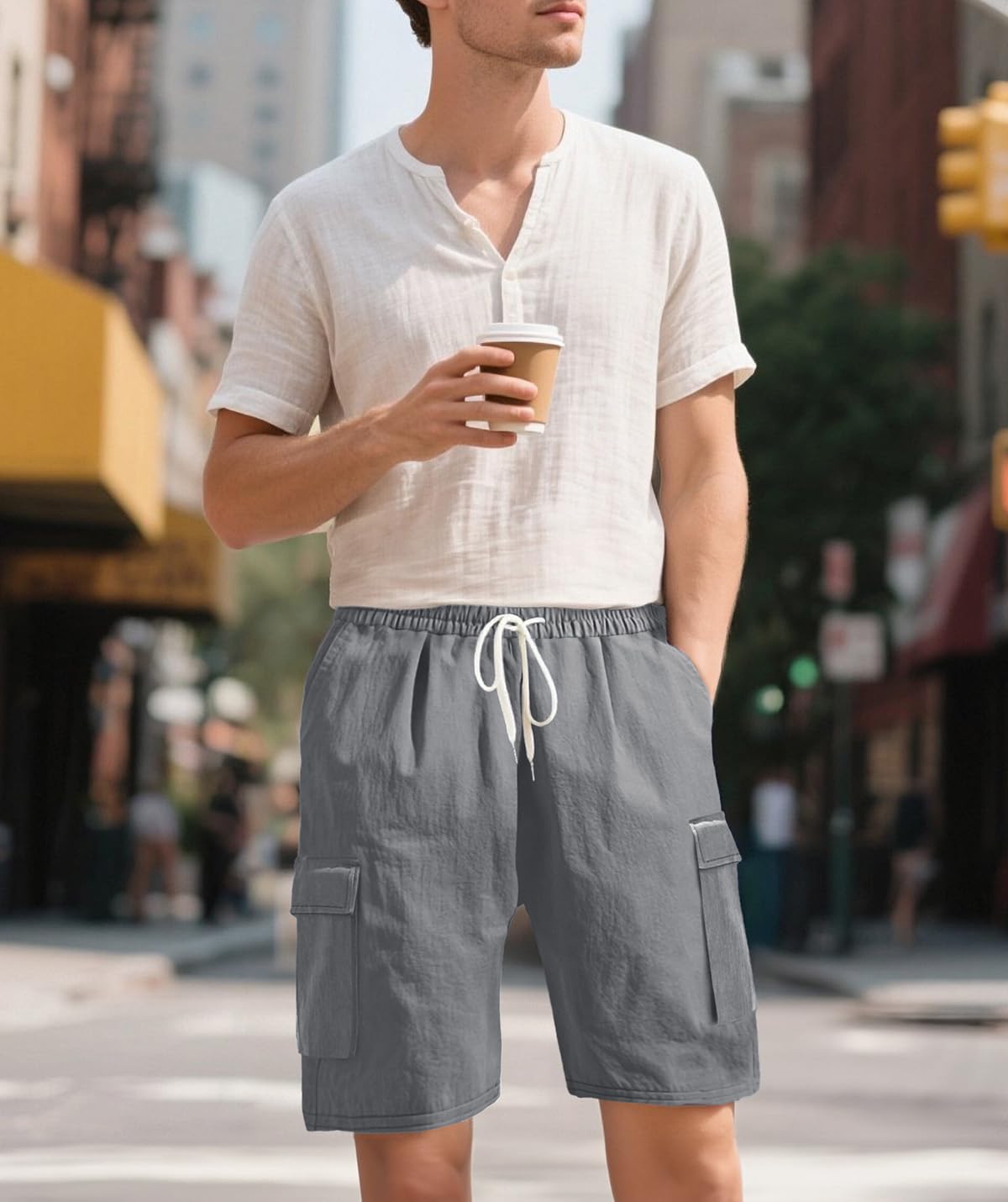 Short Cargo Homme en Lin Léger Taille Élastique 4 Poches | Cordon de serrage, short bermuda homme,coupe ample