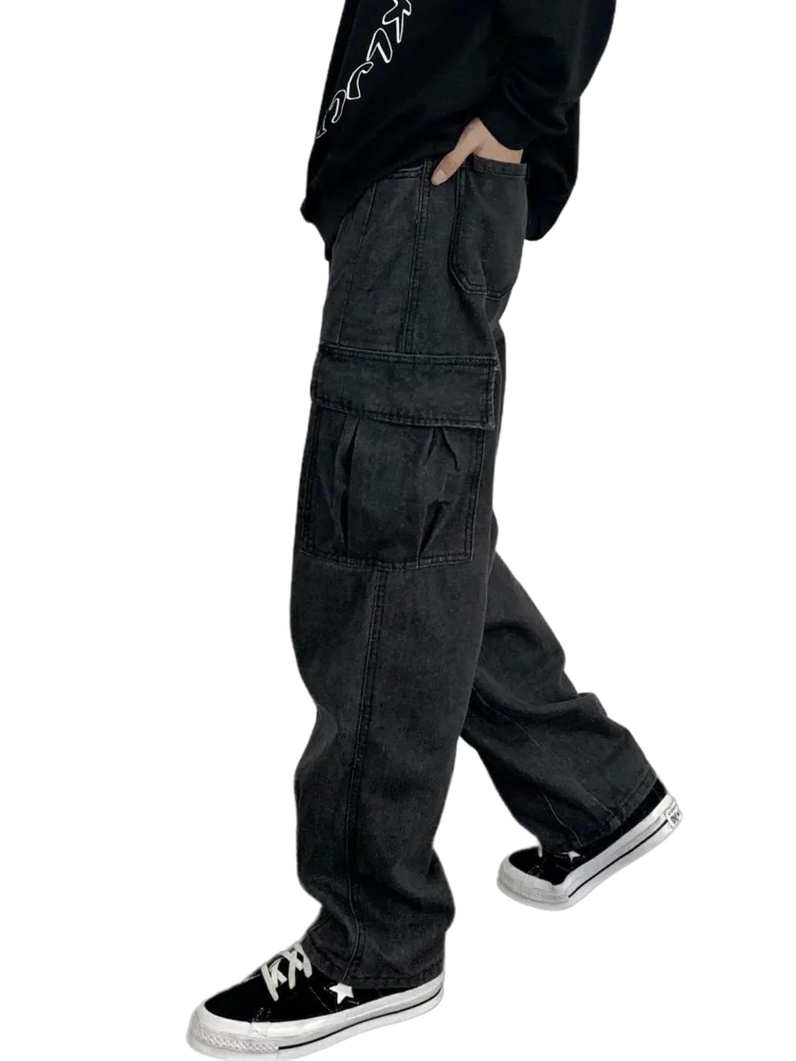 Jeans Uomo Larghi Pantaloni di Jeans Neri Vintage degli Uomini Autunno Inverno