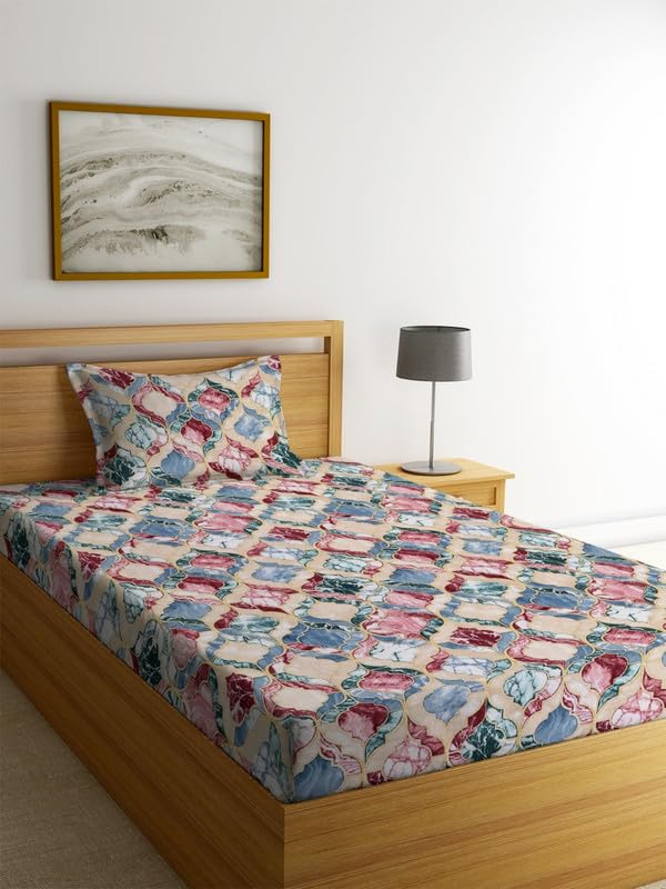 Premium Glace Cotton 180 TC Flat Single Bedsheets for Summer Breathable | Wrinklefree (Size-60 X 90 Inch) with 1 Pillow Covers (Size-17 X 27 Inches, Pink & Beige)