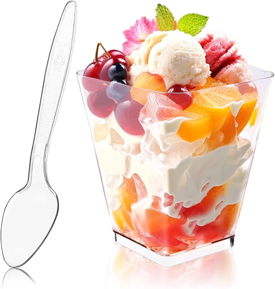 50Pack 5oz Square Plastic Dessert Cups with Spoons, Reusable Clear Parfait Appetizer Cups, Mini Party Trifle Shooter Serving Cups, Dessert Shot Glasses for Tasting