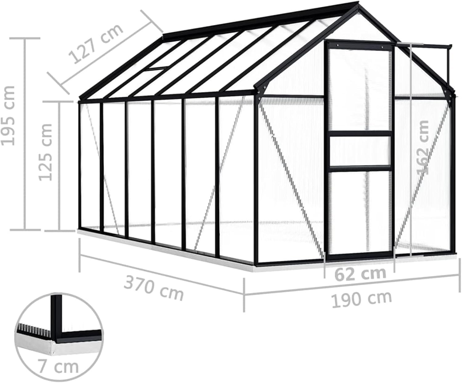 Szklarnia z ramą bazową, antracyt, aluminium, 7,03 m², szopa ogrodowa, przedszkole, ogród zimowy, podwórko, ciepłe rośliny domowe