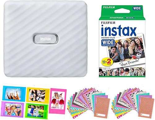 Fujifilm Instax Link - Impresora ancha para smartphone, color blanco ceniza + Fuji Instax Wide Instant Film Value Pack (20 hojas) con calcomanías de