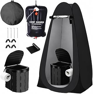 Portable Toilet Tent Kit with Privacy Tent & Camp Shower Bag Camping Toilet | XL Foldable Camp Toilet, Pop Up Shower Tent and 20 Gallon Camping Shower Bag for All Ages for Camping Hiking RV Beach Travel