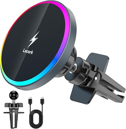 Lecork Magsafe Cargador de montaje para automóvil, 15 W, cables magnéticos para iPhone 17 Pro Max, soporte de teléfono para iPhone 17 16 15 14 13,