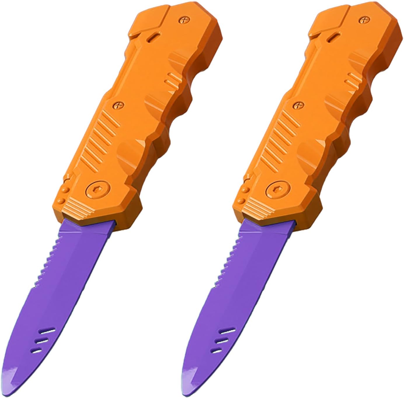 Retractable Plastic Toy Knives - 2 Pack - Safe and Fun for Kids and Adults - Great for Halloween, Cosplay, Magic Tricks and More - Orange Handle Purple Blade