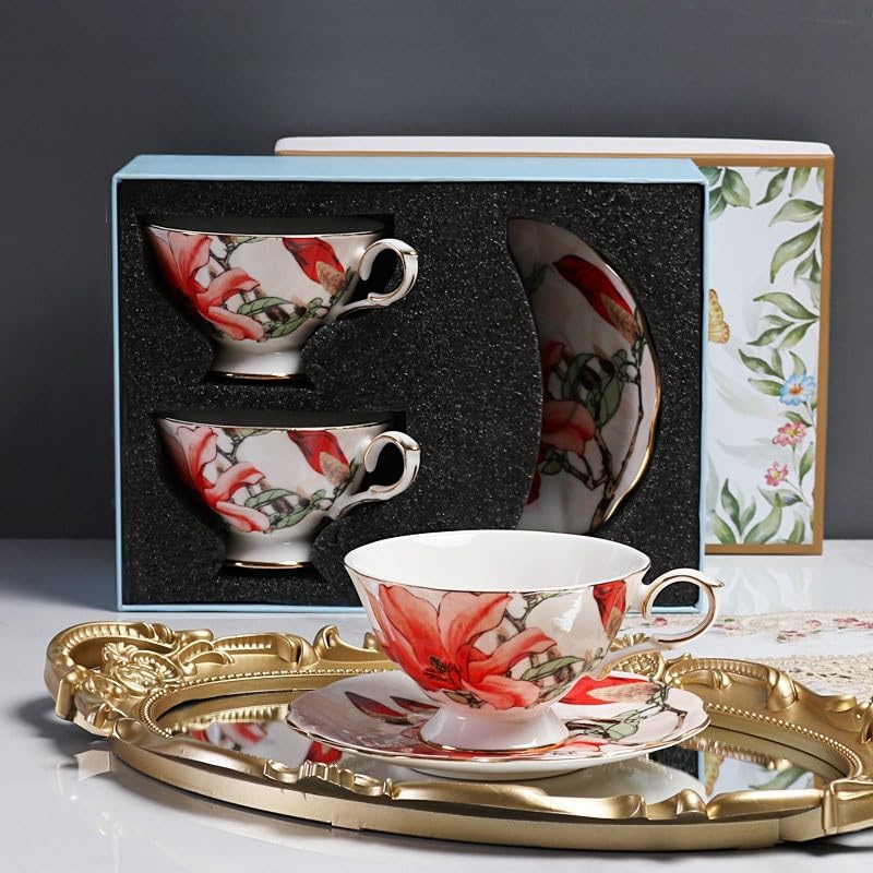 Zestaw filiżanek do kawy z porcelany kostnej z łyżeczką, filiżanki do herbaty i spodki do gorących napojów, odporne na wysokie temperatury porcelanowe kubki, pudełko prezentowe na przyjęcie świąteczne