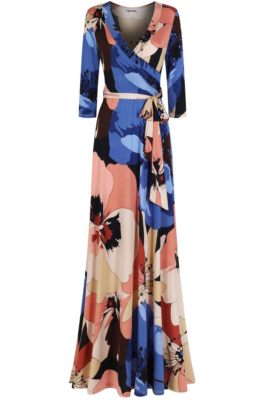 Women's 3/4 Sleeve V-Neck Printed Maxi Faux Wrap Floral Dress Light Blue Pink S