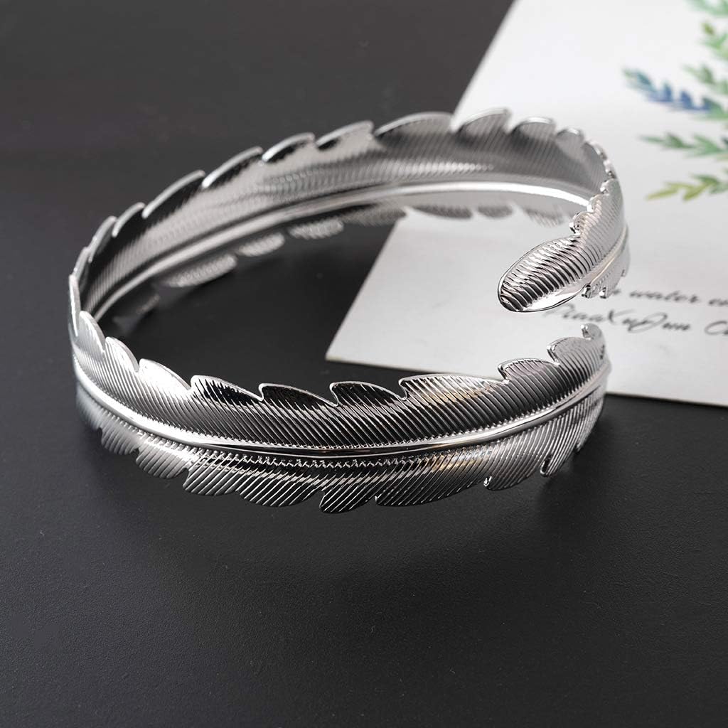 HUNO Minimalist Metal Punk Spiral Coil Upper Arm Cuff Open Arm Bracelet Armlet Adjustable Hammered Wrap Armband Bangle for Women (Leaf Silver 2pcs) - Image 5