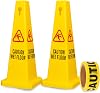 4 Sides View Caution Wet Floor Sign with 50 Meter Caution Warning Tape, Highly Visible Yellow Wet Floor Safety Sign Easily Noticeable for School, Hotels, Malls, Restaurants (Yellow, Set of 2)