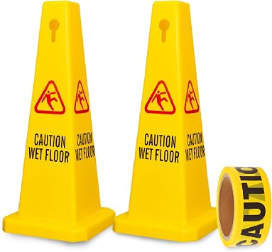4 Sides View Caution Wet Floor Sign with 50 Meter Caution Warning Tape, Highly Visible Yellow Wet Floor Safety Sign Easily Noticeable for School, Hotels, Malls, Restaurants Yellow, Set of 2