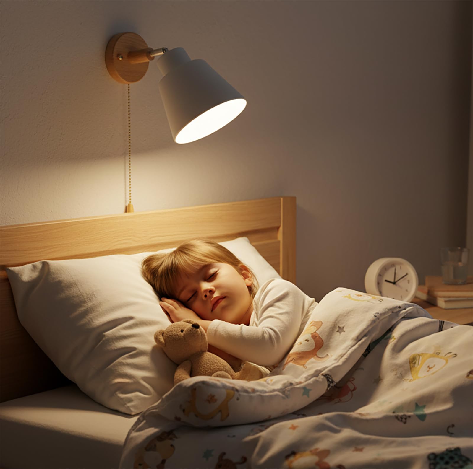Lampada Da Parete Con Interruttore A Fune Rotazione Libera Di 350° Lampada Da Comodino Macaron Vintage Moderna E27 Lampada Da Parete In Legno Adatto Per Soggiorno E Camera Da Letto（Bianco）