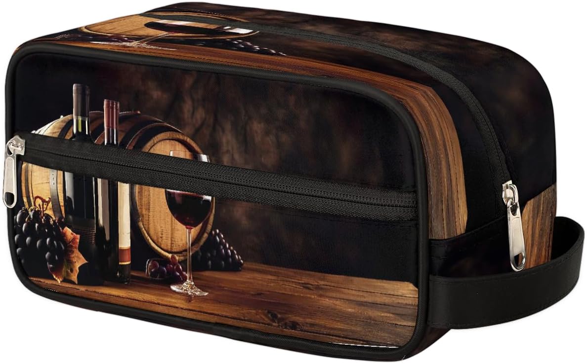 Toiletry Bag for Men Women, Red Wine Glass Hanging Dopp Kit Wooden Barrel Wine Bottle Water Resistant Shaving Bag Travel Toiletry Organizer with Large Capacity for Travel Accessories