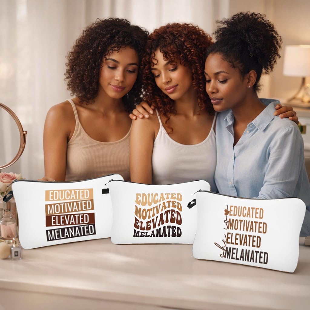 Black Girl Makeup Bag – Educated Motivated Elevated Melanated Cosmetic Bag Set of 3, Inspirational Travel Toiletry Pouch for Women, College Student Gift, Black Excellence Organizer image 2