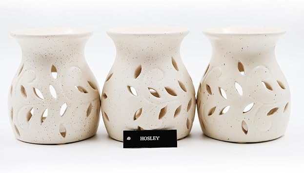 Hosley Elegant Ceramic Oil Warmers with Leaf Pattern and Speckle Design 4.5 Inches High Tealight Compatible for Aromatherapy and Home Decor Set of 3