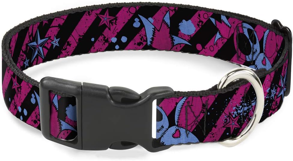 Buckle-Down Plastic Clip Collar - Voodoo Black/Pink/Blue - 1.5" Wide - Fits 13-18" Neck - Small