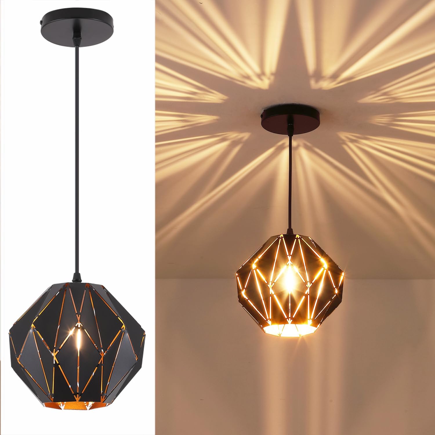 Pendant Light Industrial Vintage Pendant Lamp Retro Farmhouse Ceiling Hanging Light Fixture Black Metal Creative Geometric Diamond Shade Pendant Lighting for Kitchen Island