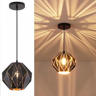Baunoisk Industrial Vintage Black Pendant Light - Geometric Diamond Shade Farmhouse Hanging Lamp for Kitchen Island & Dining Room