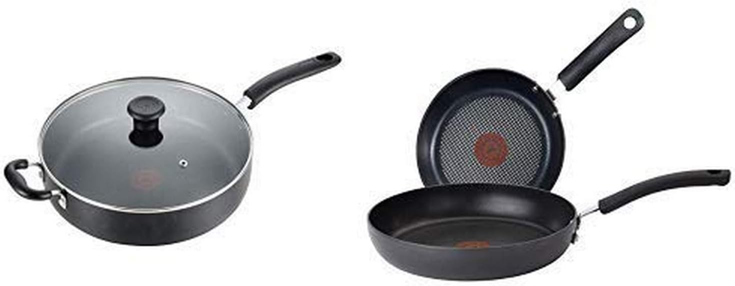 T-fal B36290 Specialty Nonstick 5 Qt. Jumbo Cooker Sauté Pan with Glass Lid, Black AND Ultimate Hard Anodized 2-Piece Scratch Resistant Titanium Nonstick Thermo-Spot PFOA Free Cookware Set, Gray