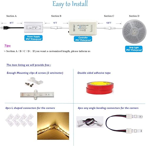 Miniatura 6 de wattcctlm Tira de luz flexible LED RGB de 35 pies  60 LEDsM 24 V 5050 IP67 impermeable con control remoto Bluetooth y controlador (impermeable) y