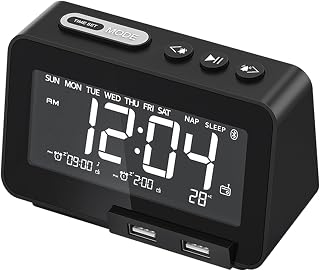 Reloj despertador de carga – Reloj despertador de 127 mm con altavoz, reloj estéreo inalámbrico con reproducción FM, USB y disco U, audio de 5 W, batería de respaldo, ideal para mesita de noche