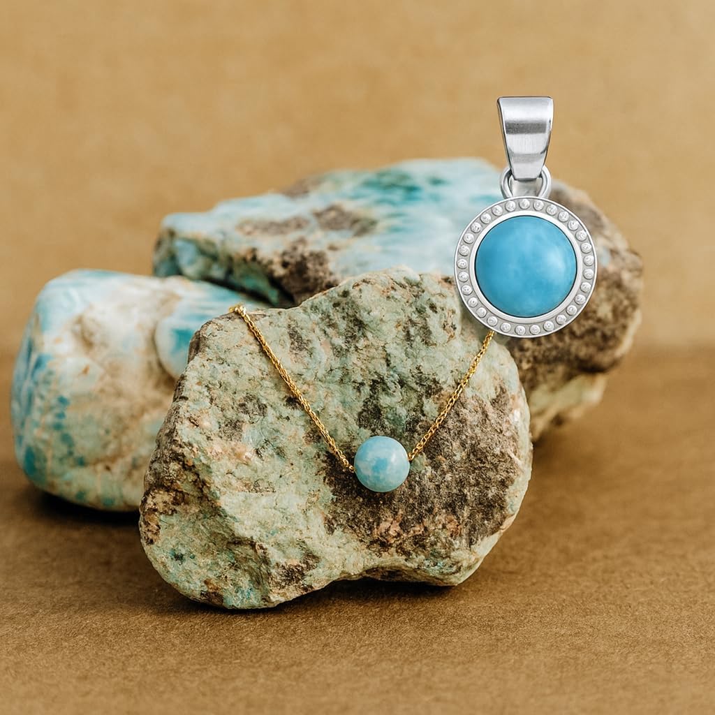 AAA Larimar Jewelry Set – 925 Sterling Silver Round Pendant & Larimar Bead Necklace, Handmade Gift