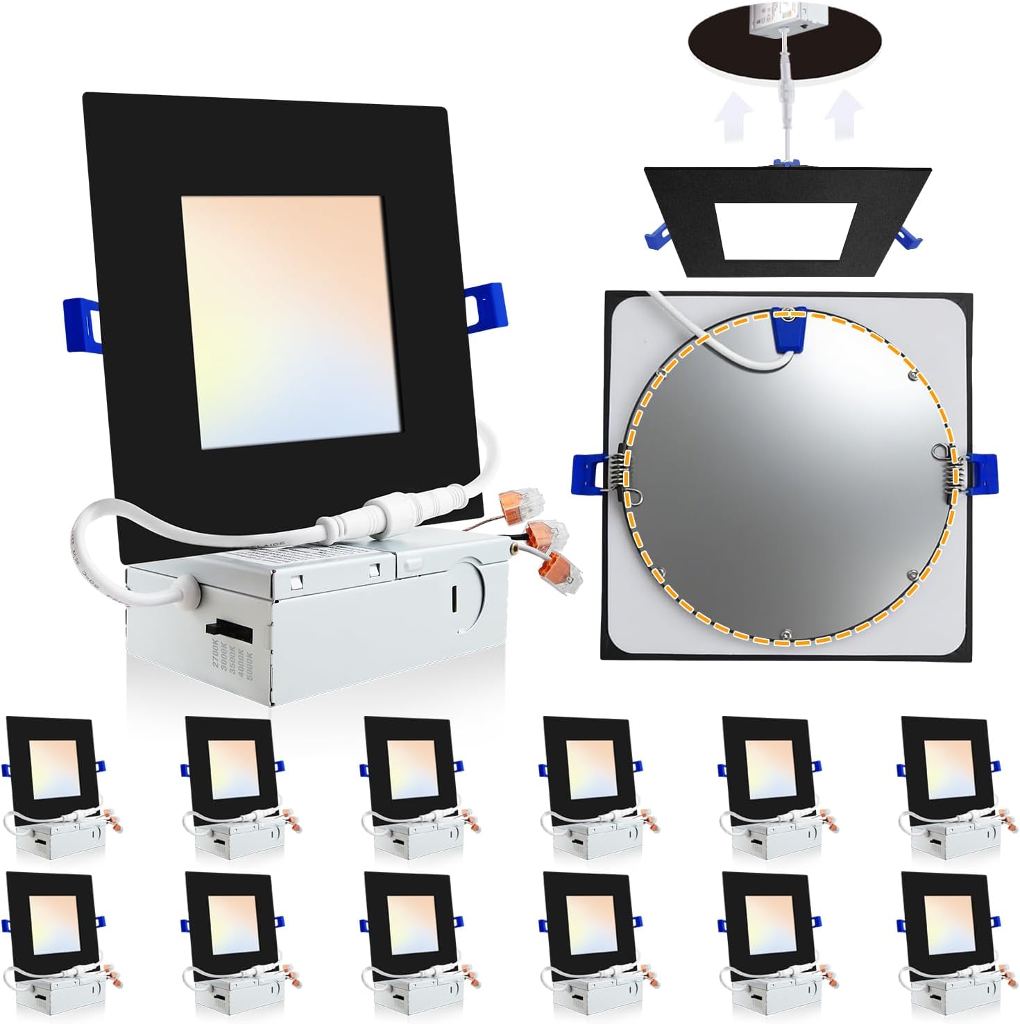 Adetu 12 Pack 6 inch Square Led Recessed Lighting,5CCT Ultra Thin Square Led Ceiling Light with Junction Box,14W 1190LM, CRI90, 2700K-5000K Selectable, Dimmable Canless Downlight, ETL and Energy Star