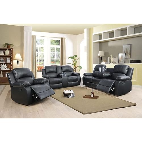 Sectional Recliner Sofa Set with Drop Down Table,3 PCS Motion Sofa Loveseat Recliner Couch Manual Reclining Chair for Living Room (K-GS2890B)