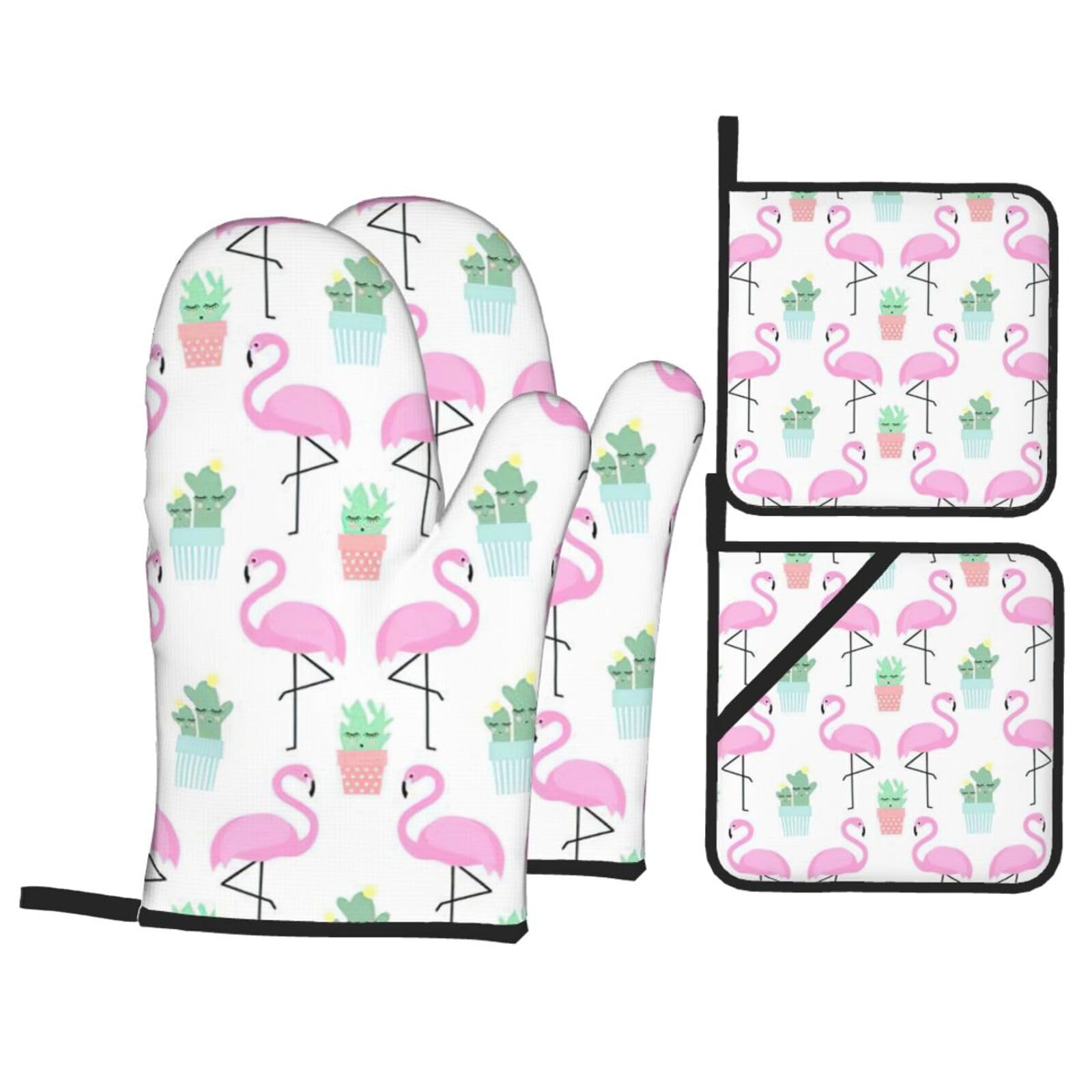 Tropical Flamingo Cute Cactus Print Kitchen Oven Mitts And Pot Holders Set,Hanging Loop Design For Cooking Baking Bbq