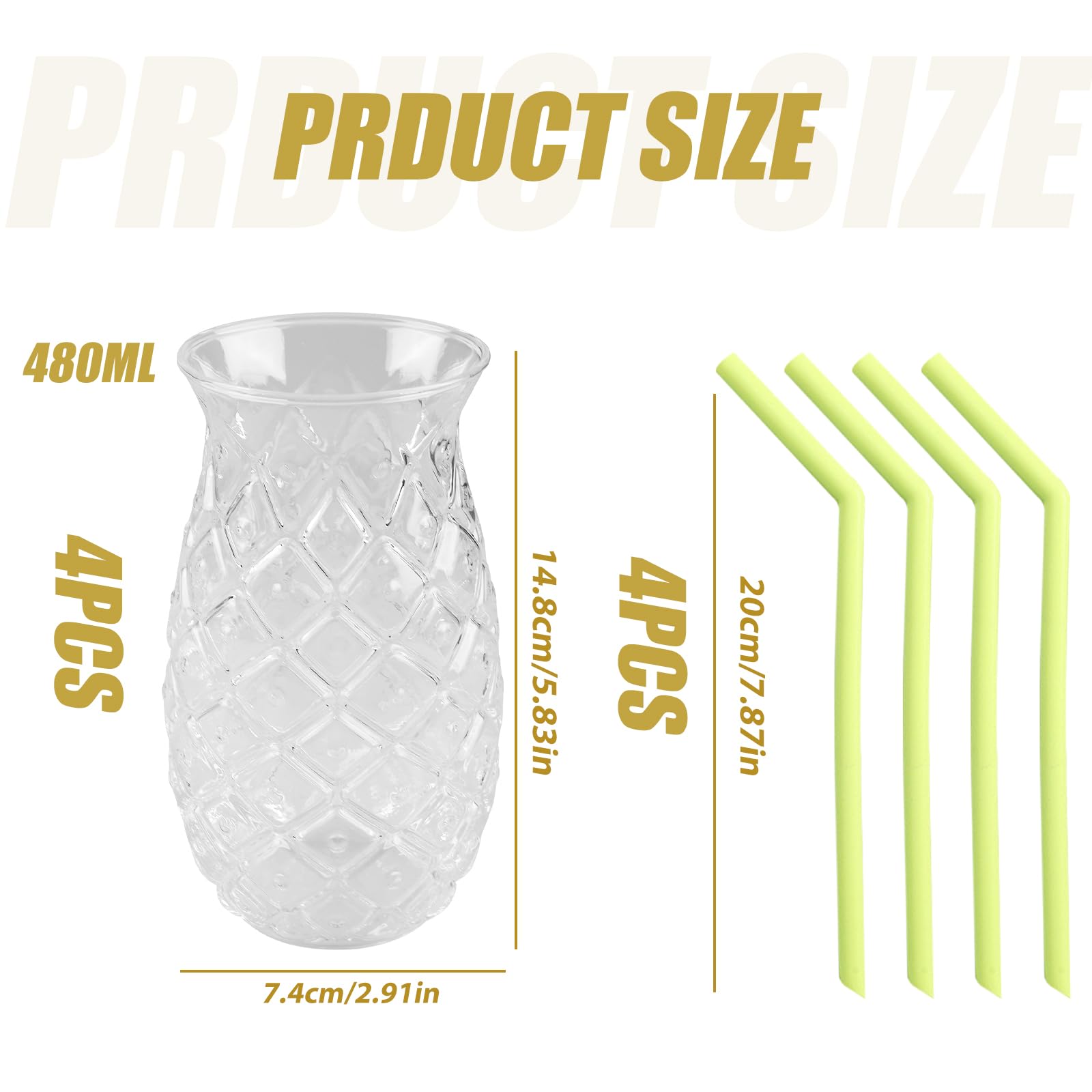 Set di 4 bicchieri di ananas: 400 ml, trasparenti da cocktail con rilievo di ananas, riutilizzabili, bicchieri da festa con 4 cannucce + spazzole di paglia, bicchieri di succo, bicchieri da