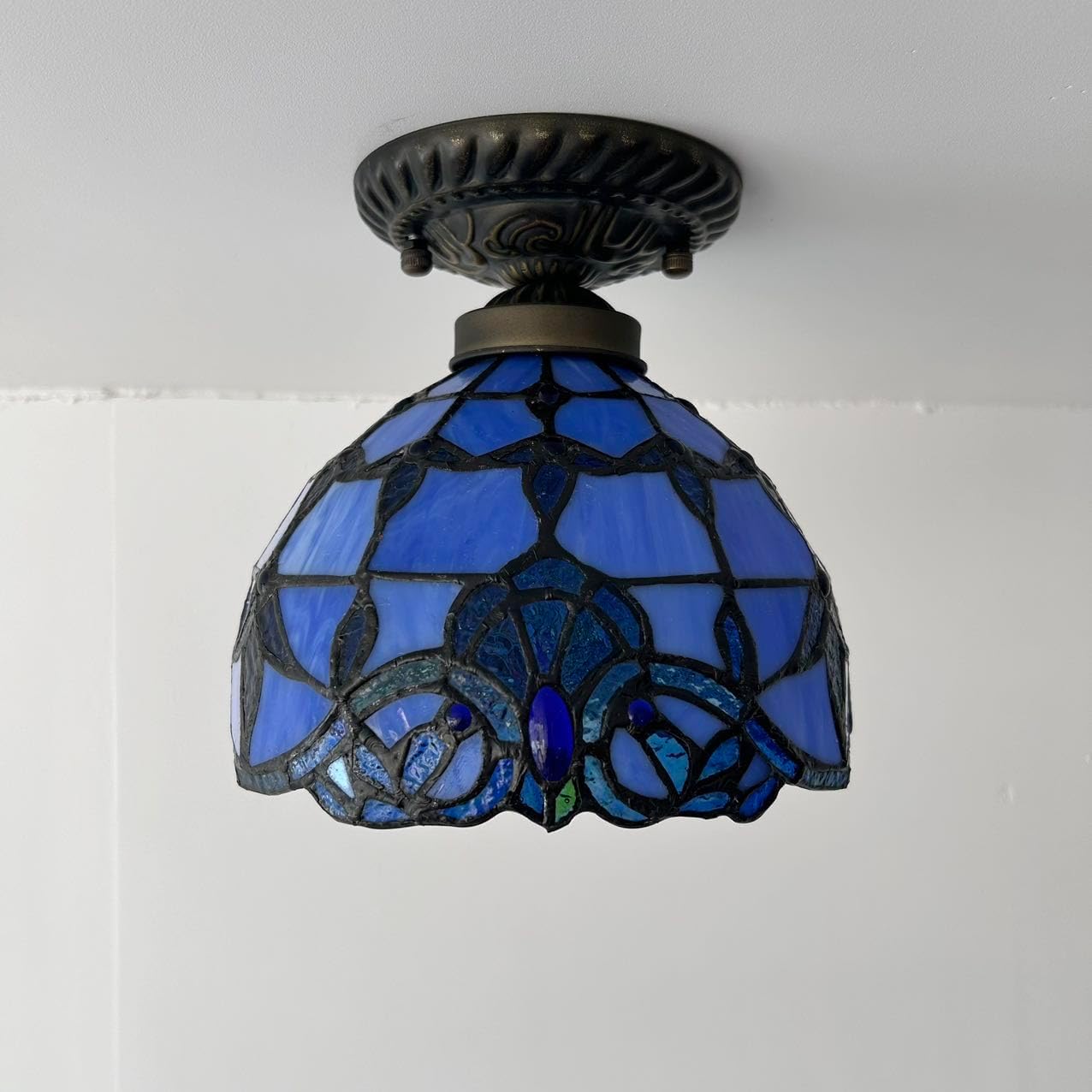Tiffany Ceiling Lights Fixture Blue Stained Glass Baroque Style LED Bulb Included for Living Room Bedroom Kitchen 8”W*8”D*8”H