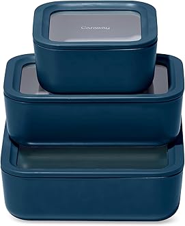 Caraway Glass Food Storage Trio – 10 Cup, 6.6 Cup, & 4.4 Cup Food Containers - Ceramic Coated - Non Toxic Non Stick Lunch Box Container with Glass Lids. Dishwasher, Oven, & Microwave Safe - Navy