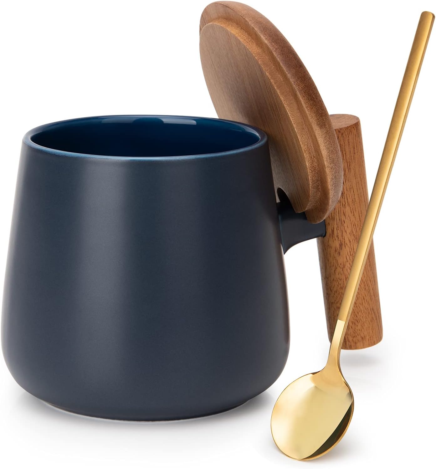 GOOD ALWAYS Coffee Mug, 14 Oz Ceramic Tea Mug with Lid and Coffee Spoon for Latte, Cappuccino, Cocoa, Mocha, Fathers Day, Birthday Gifts, House Warming Gifts New Home, 1 Pack (Blue)