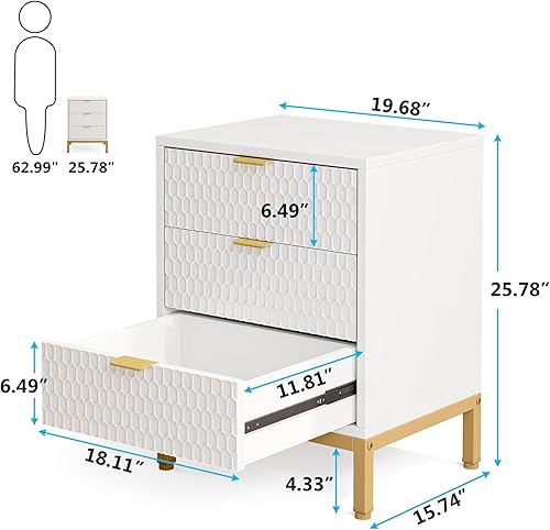 Miniatura 3 de LITTLE TREE Mesita de noche moderna con 3 cajones, color blanco dorado, mesa auxiliar con almacenamiento para dormitorio, sala de estar Blanco y